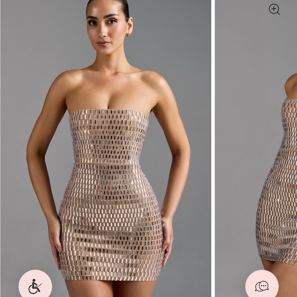 Oh Polly Tan Gold Strapless Ruched Bodycon Dress